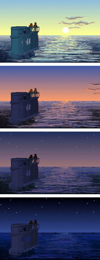 [The sunset at the end of Indiana Jones and the Fate of Atlantis.]