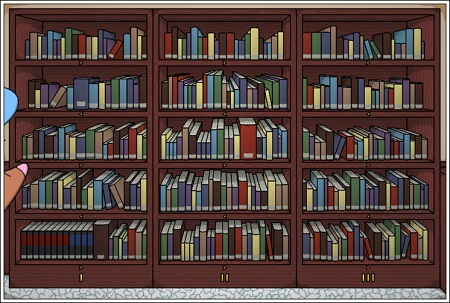 [Shelves and shelves of books.  Do they contain valuable clues?  Yes.  Of course they do.]