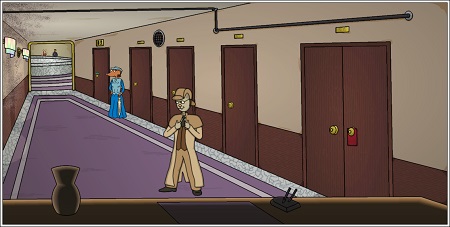 [Note how the perspective of the room has the lines of hallway all converging towards the entrance at the far end.  At the same time, Ampson is drawn smaller in the frame than Homes.]