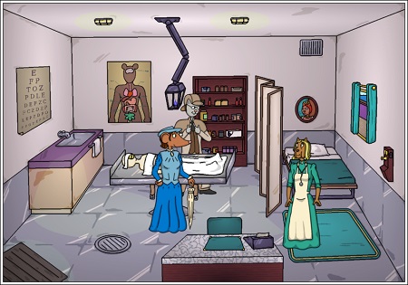 [Here we see part of Homes obscured by the operating table.  At the same time Ampson renders in front of both Homes and the operating table.]