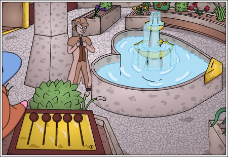 [The fountain controls are a hybrid combination of a partly walkable room and a special close-up room.]
