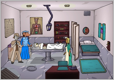 [Doctor Seymour has set up a cot in the infirmary for easy access when patients come in.]