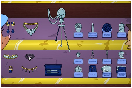 [The jewelry shop offers a variety of high class pieces in pewter and sapphires.]