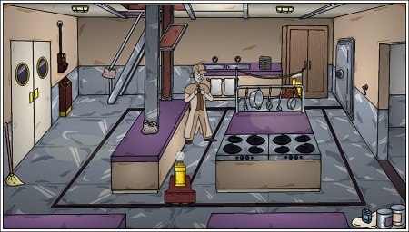 [The larger kitchen is belwo on the engineering deck and grants access to the walk-in freezer and the pantry.]