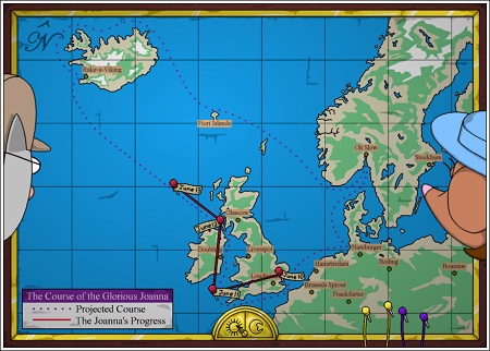 [The map board shows the projects course of the ship when set to day.]