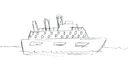 [The rough pencil drawing of the Gigantic Joanna cruise ship.]
