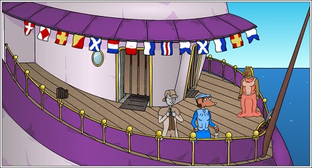 [Here the sky deck has been outfitted for a treasure hunt by the cruise director.]