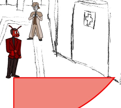 [The reddish cone on the floor helps show where not to step when sneaking by.]